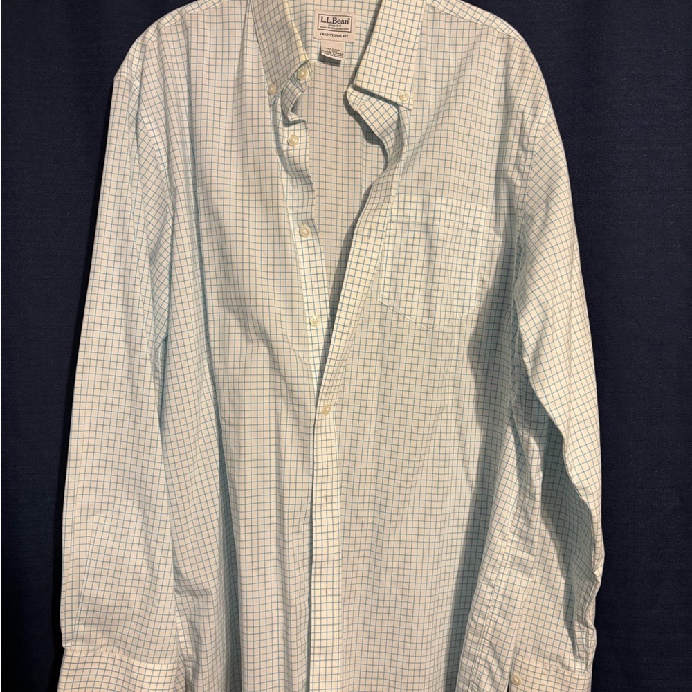 L.L. Bean Men's White and Green Plaid Shirt